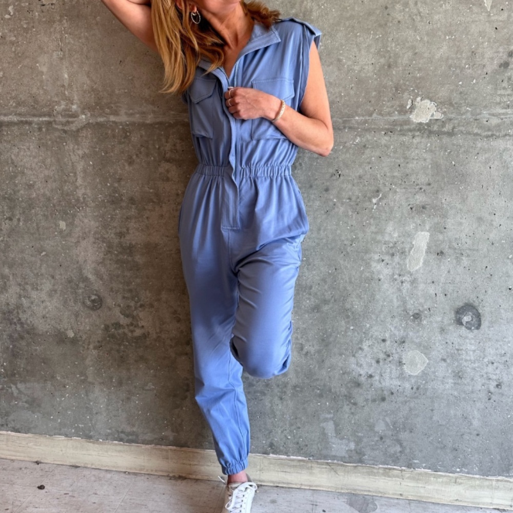 Blue Mock Neck Zip-Up Jumpsuit with Elastic Waist, Front and Side Pockets